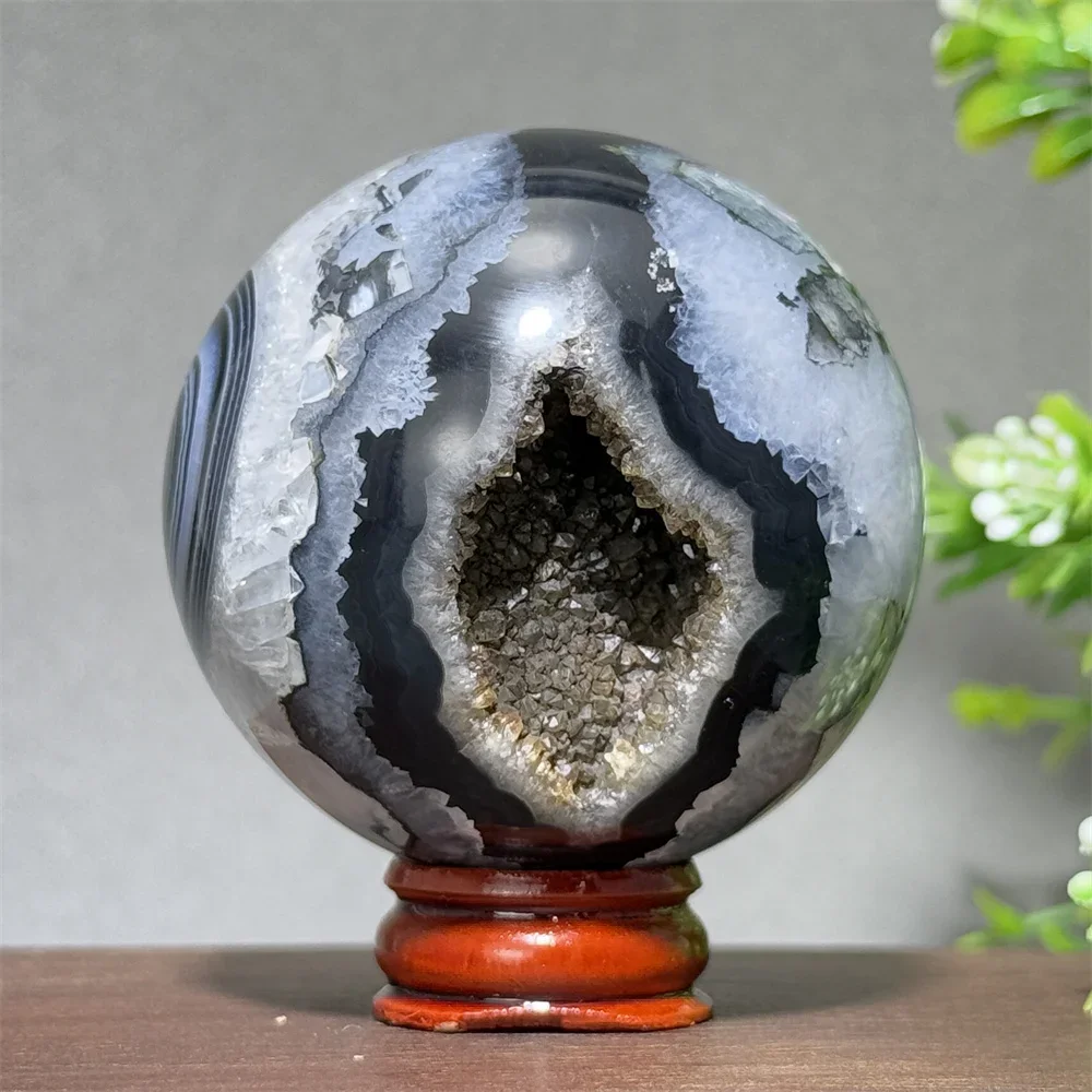 Natural Black Agate Mineral Quartz Ball Aura Treatment Witchcraft Chakra Divination Energy Home Feng Shui Decorative Gift+Base