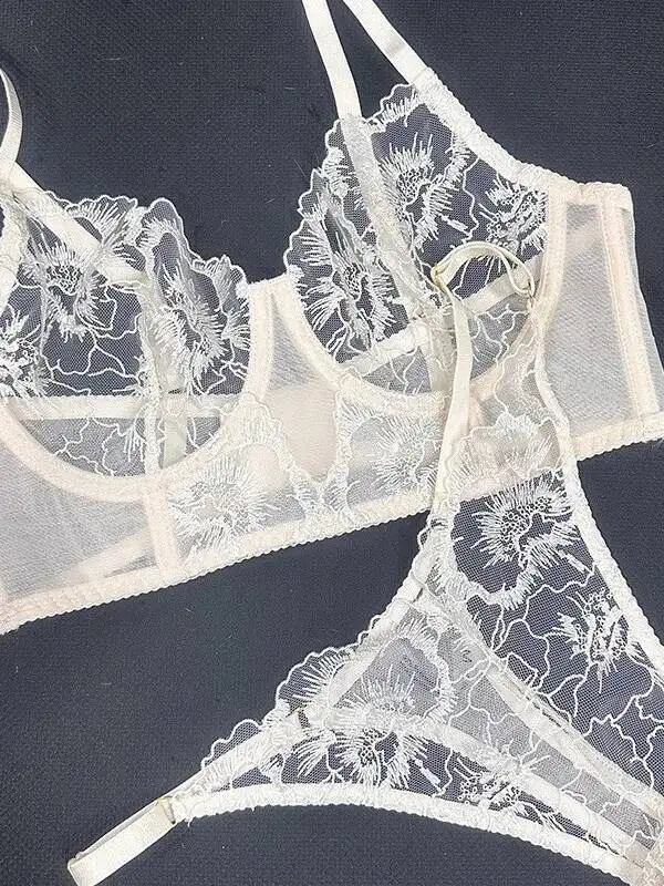 Sexy super fino bordado conjunto de renda biquíni feminino cor sólida transparente sem costas profundo v suspensórios sem mangas biquíni iiv7