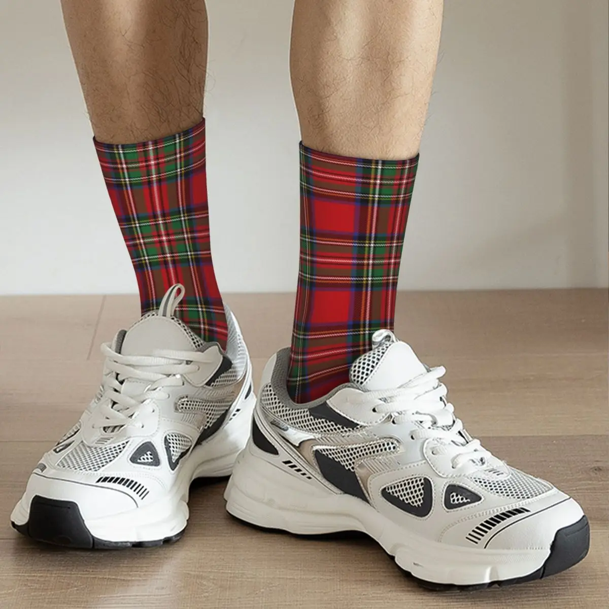 Funny Tartan Clan Stewart Plaid Black Red Check Football Socks Polyester Middle Tube Socks for Unisex Sweat Absorbing