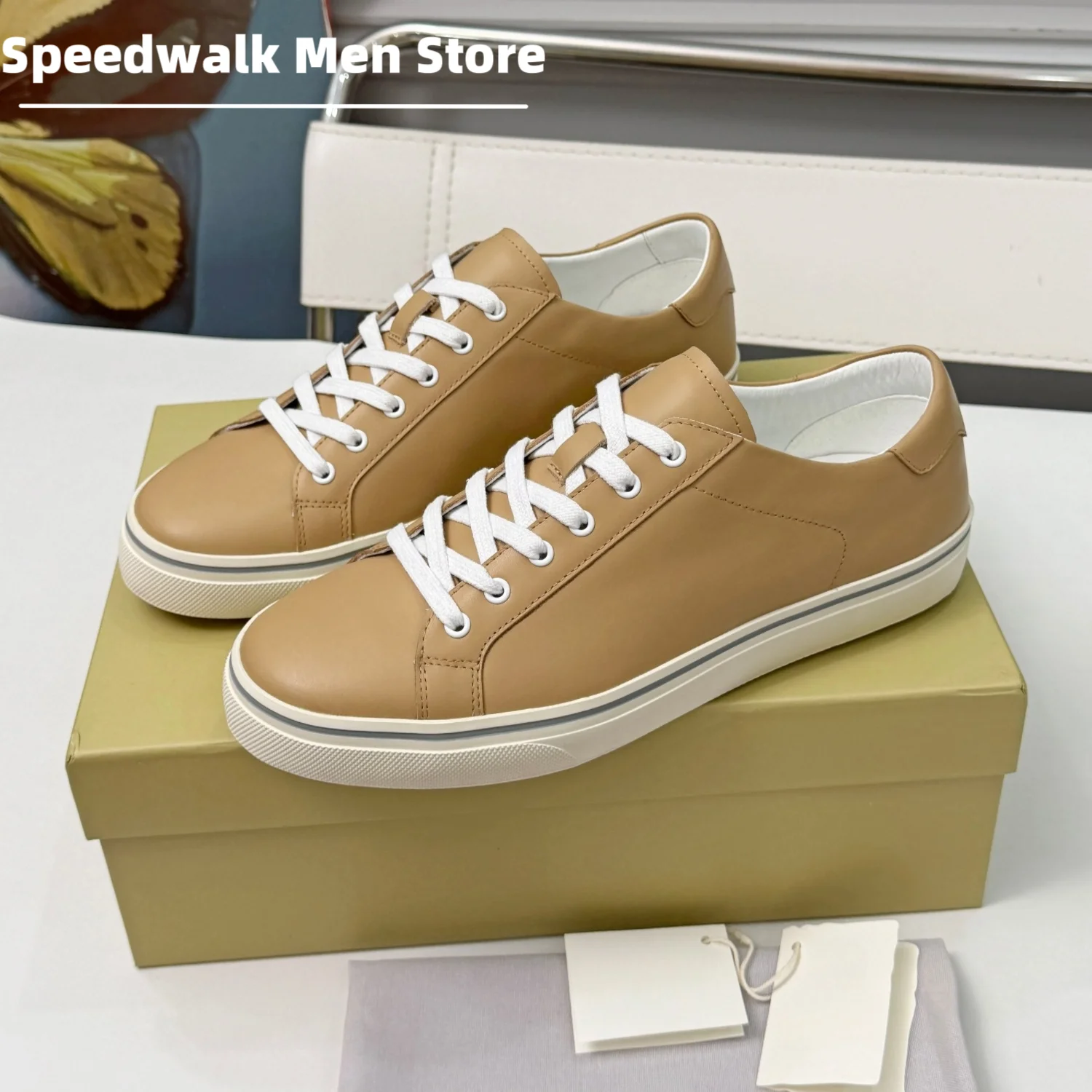 Men Genuine Leather Low Top Sneakers Minimalist Flat Rubber Sole Non Slip All Match Daily Casual Walking Skate Shoes