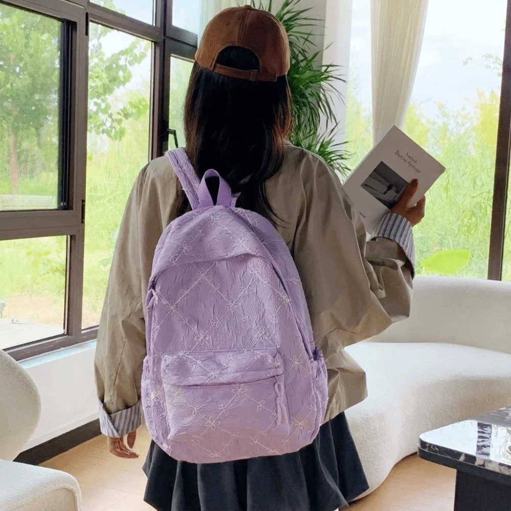 Y2k Sweet Bow Backpack Solid Color Minimalist Nylon Rucksack Durable Multi Pocket Student School Bag Travel Use