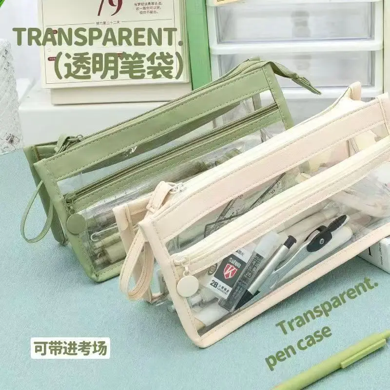 Transparent Waterproof Triple Layer Exam Pencil Case Multifunctional Cosmetic Stationery Storage Bag for Students Back To School