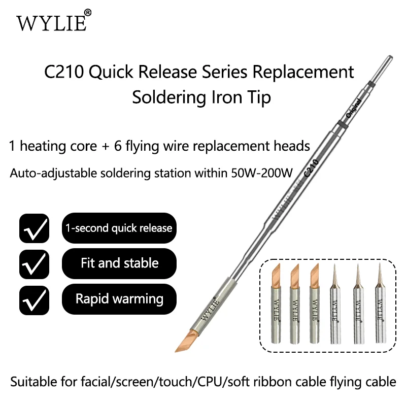 WYLIE C210 Quick Release Soldering Tip with 6 Replacement Heating Cores Fast Swap for Phone CPU Screen Soft Ribbon Cable Repair