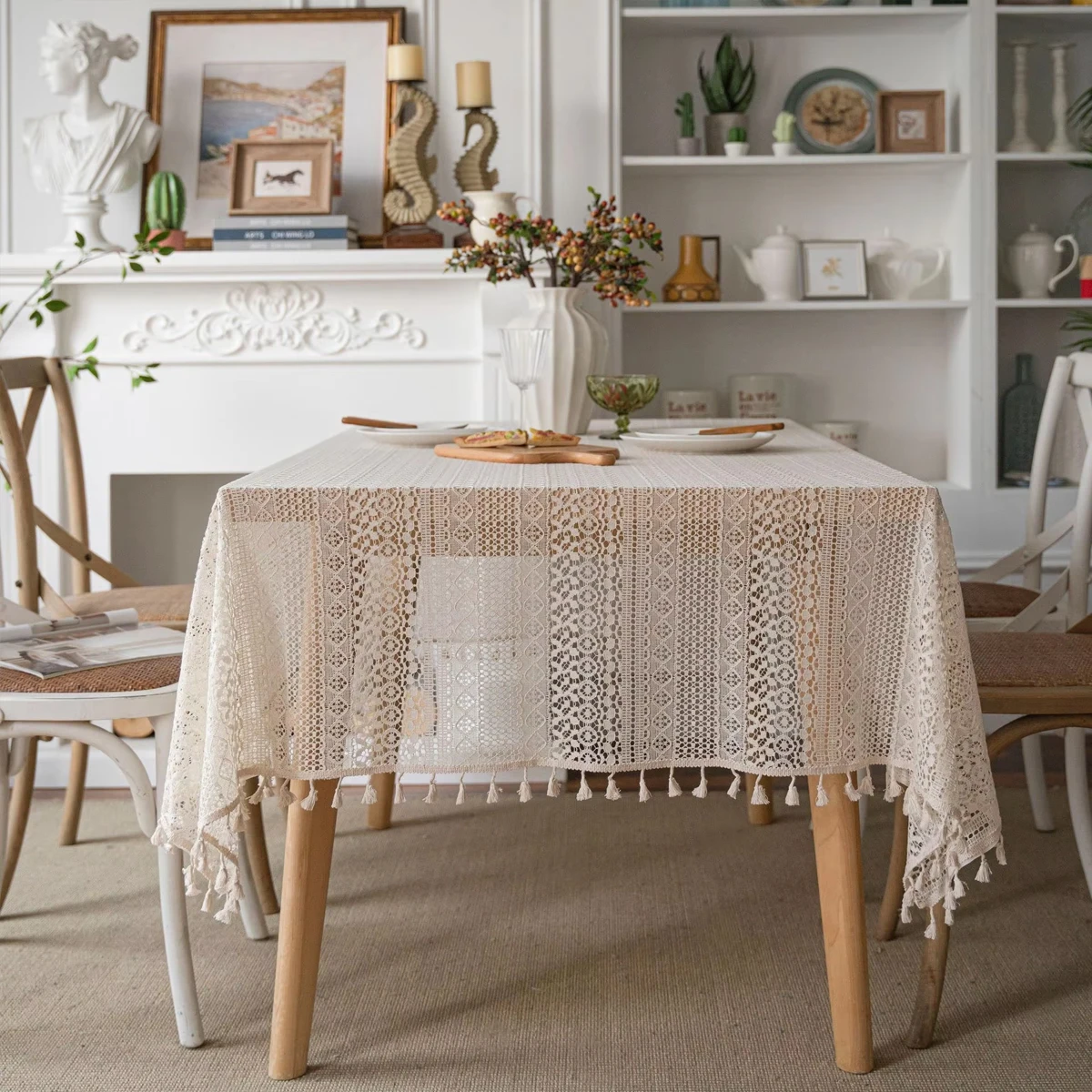 Beige Hollow Tassel Polyester Wrinkle Resistant, Washable, Reusable Restaurant Kitchen Table Decoration Cloth Tablecloth
