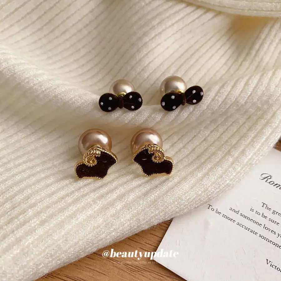 Lucky Sheep Brown Flocked Lamb Bow Pearl Retro Fashion Earrings Unique Design Earrings