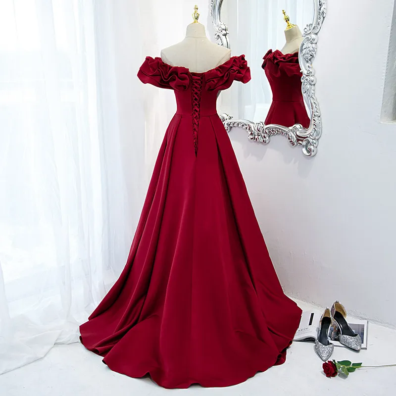 Evening Dress Burgundy Jersey Off the Shoulder Pleat A-line Trailing Floor Length Lace up Plus size Women Party Formal Gown