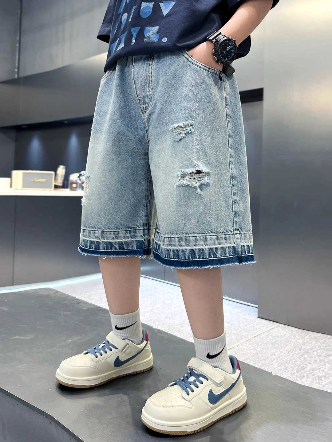 shorts-en-jean-fins-dechires-pour-garcons-taille-elastique-coupe-droite-respirants-vetements-d'exterieur-pour-enfants