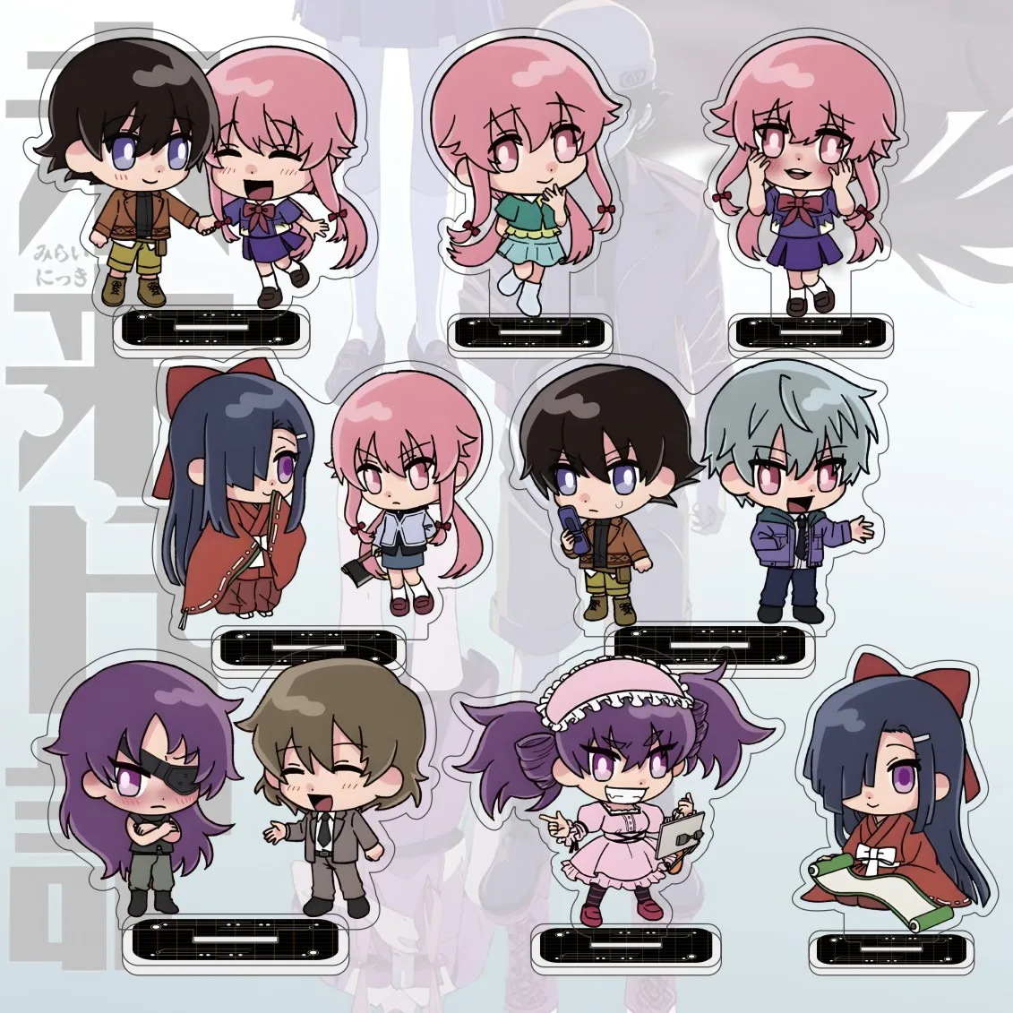 Anime Future Diary – Figurine en acrylique de 10 cm des personnages Yuno, Minene, Aru, Yukiteru – Modèle sur pied pour décoration de bureau, cadeau pour fans, porte-clés
