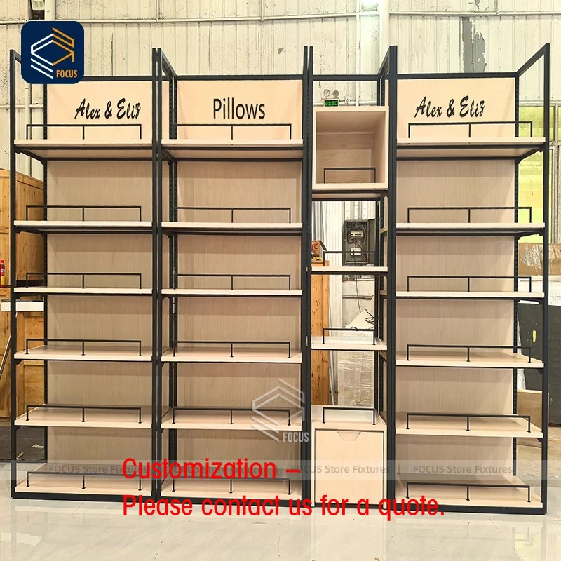 custom.Custom Retail Fixtures Industrial Metal Frame Wooden Wall Display Shelving Unit Modern Shop Display Rack Furniture