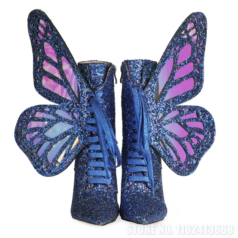 Butterfly Wings Flat Boots Lady Sweet Fashion Fairy Shoes Autumn Laser White Blue Colorful Lace Up Ankle Chelsea Booties Mujer