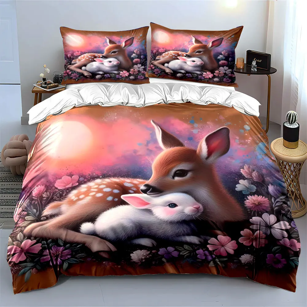 Deer Rabbit Floral Dream Design Print Bedding Set 1 Duvet Cover 2 Pillowcases for Adult and Children Luxury Gift Full Size