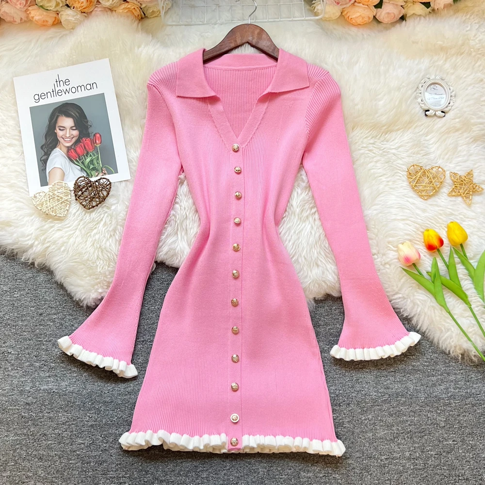 YuooMuoo Chic Mode Sexy Wrap Hüften Gestrickte Mini Kleid Frauen Lange Flare Ärmeln einreiher Bodycon Party Kleid Streetwear