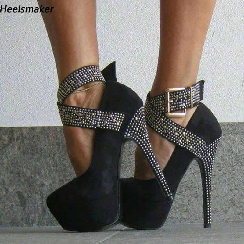 Sukeia New Women Pumps Rhinestone Faux Suede Round Toe Sexy Stiletto Heels Black Party Shoes Ladies Plus US Size 5-20