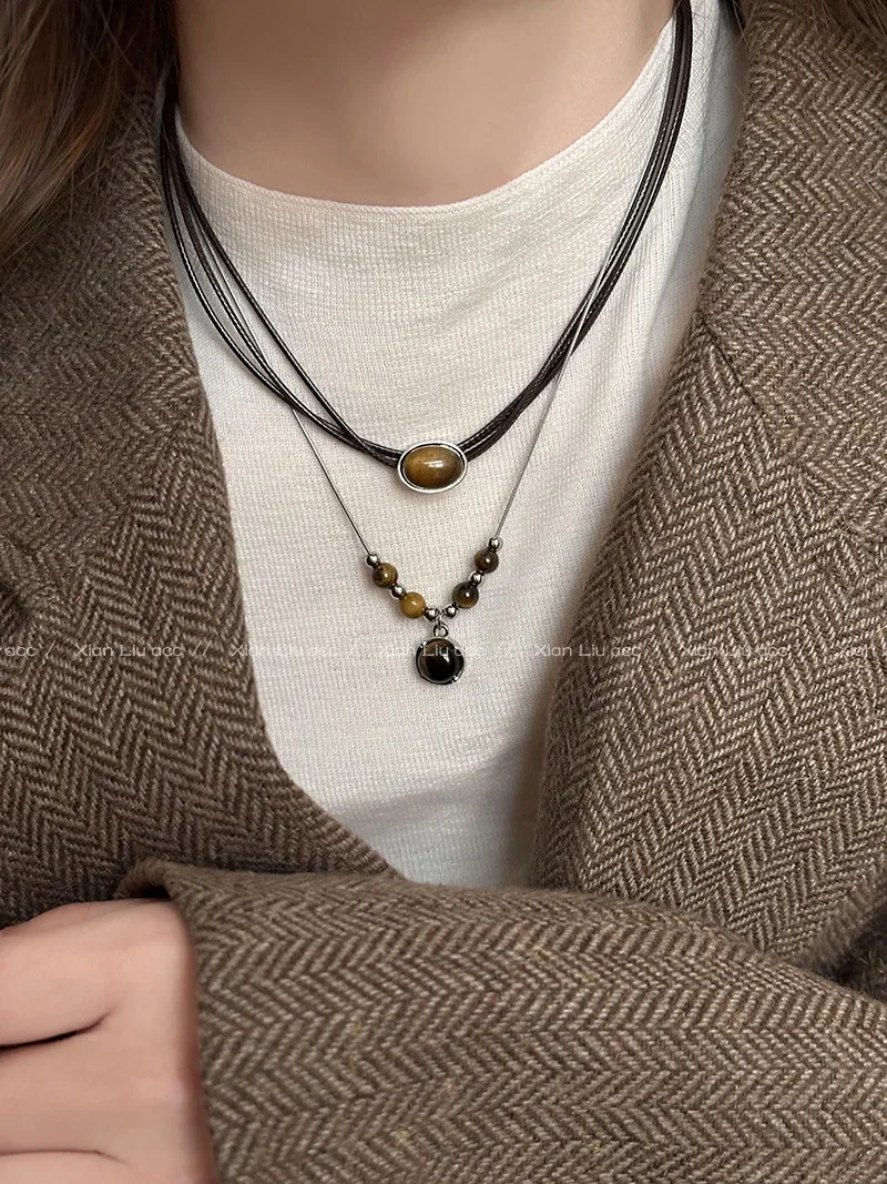 Leather Tiger Eye Necklace Women's Vintage Elegant Choker Light Luxury Stacked Wearing ChineseStyle Collarbone Chain Accessories