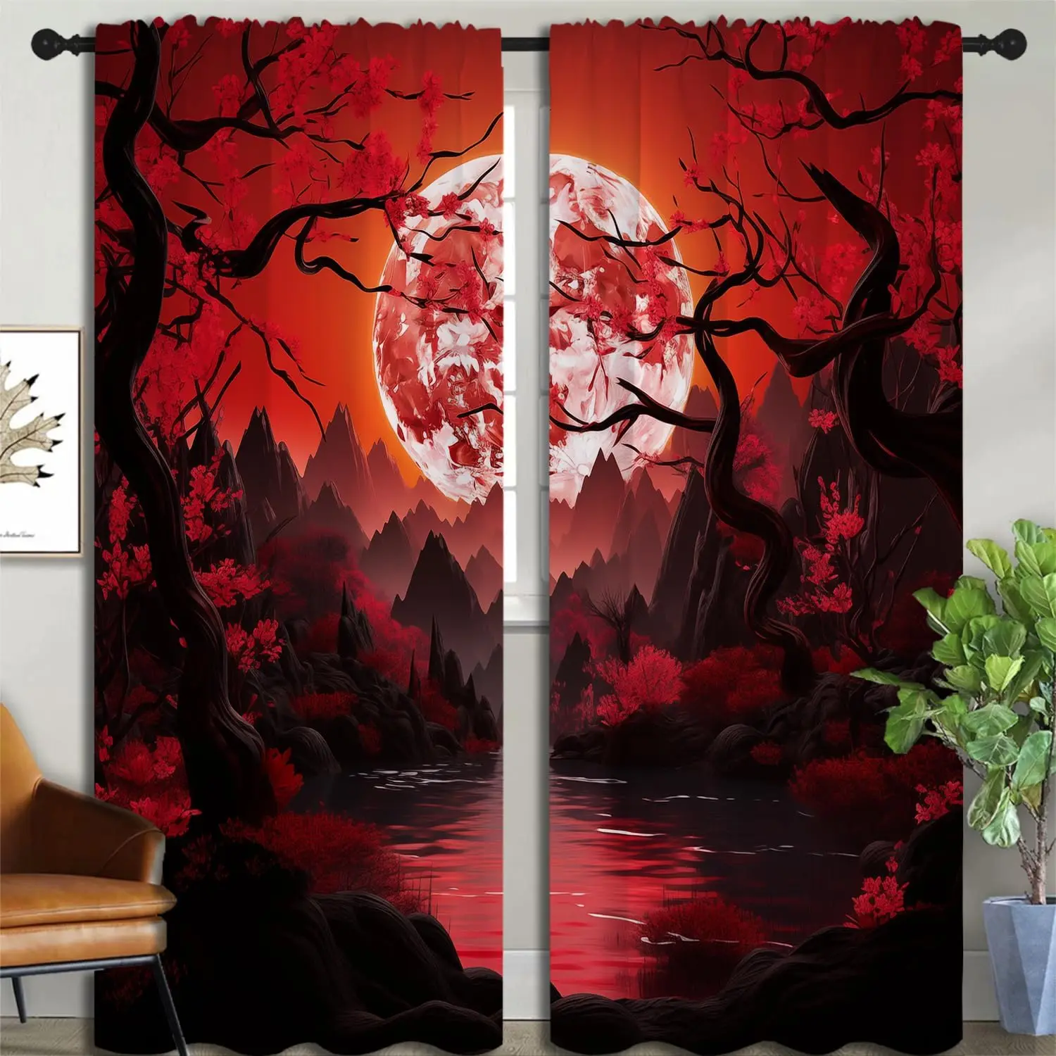 2pcs Japanese Zen Landscape Curtains Blood Moon and Pagoda Window Drapes Asian Nature Aesthetic Decor for Living Room Bedroom