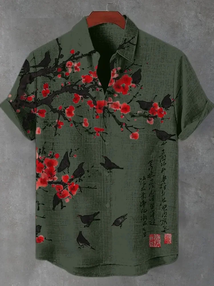 Men's Floral Bird Butterfly Art Print Short Sleeve Shirt Summer Holiday Lapel Collar Retro Style Male Office Clothes Tops Tunics