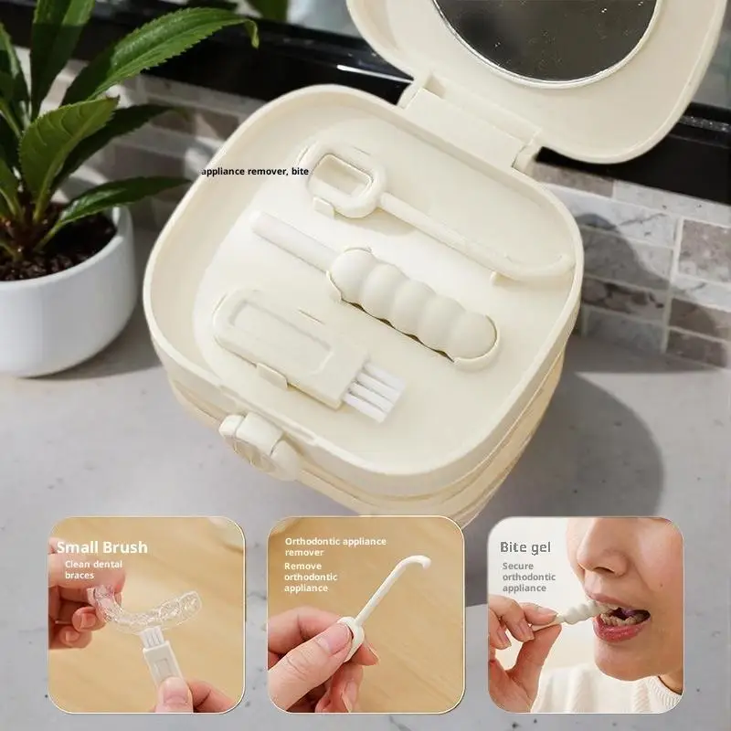 2 In 1 Multi-layer Denture Retainer Case With Mirror Cap Cleaning Storage Box With Cleaning Brush No-Leak Oral Orthodontic Box