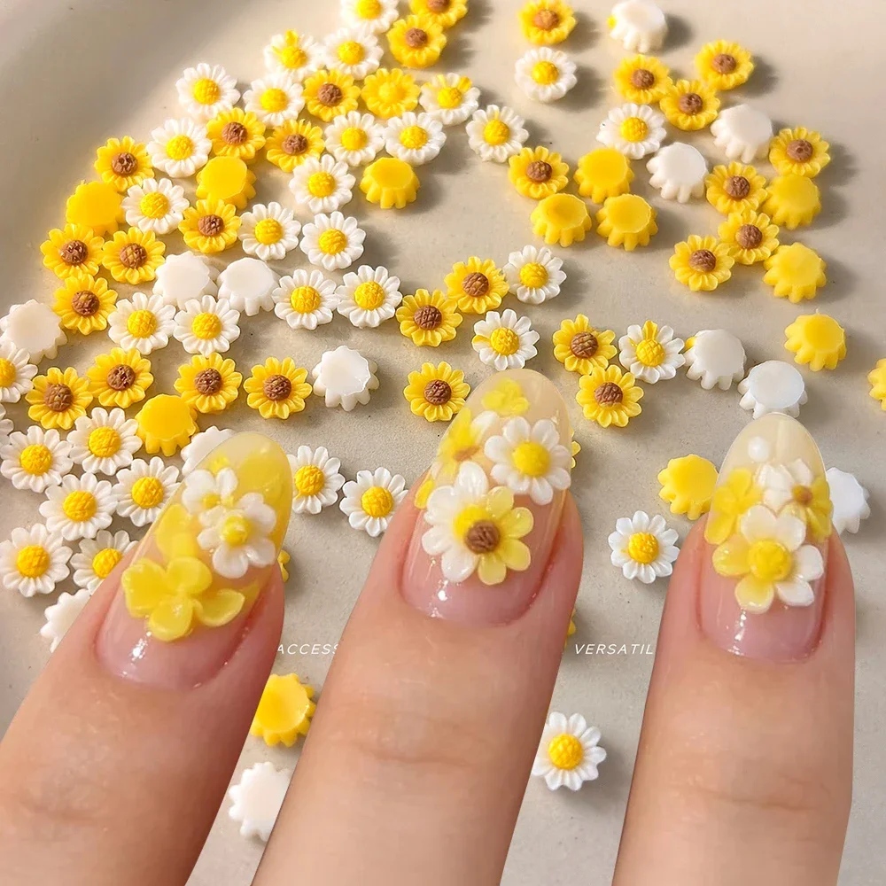 100 Stück Gemischte Farben Gänseblümchen Nagelkunst-Charms Flache Rückseite Gelbe Blumen Nagelsteine Gänseblümchen Sonnenblumen Maniküre-Edelsteine Florale Charms – Detail 4