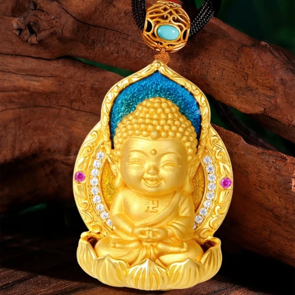 National style enamel Buddha baby pendant retro Chinese style 9999gold