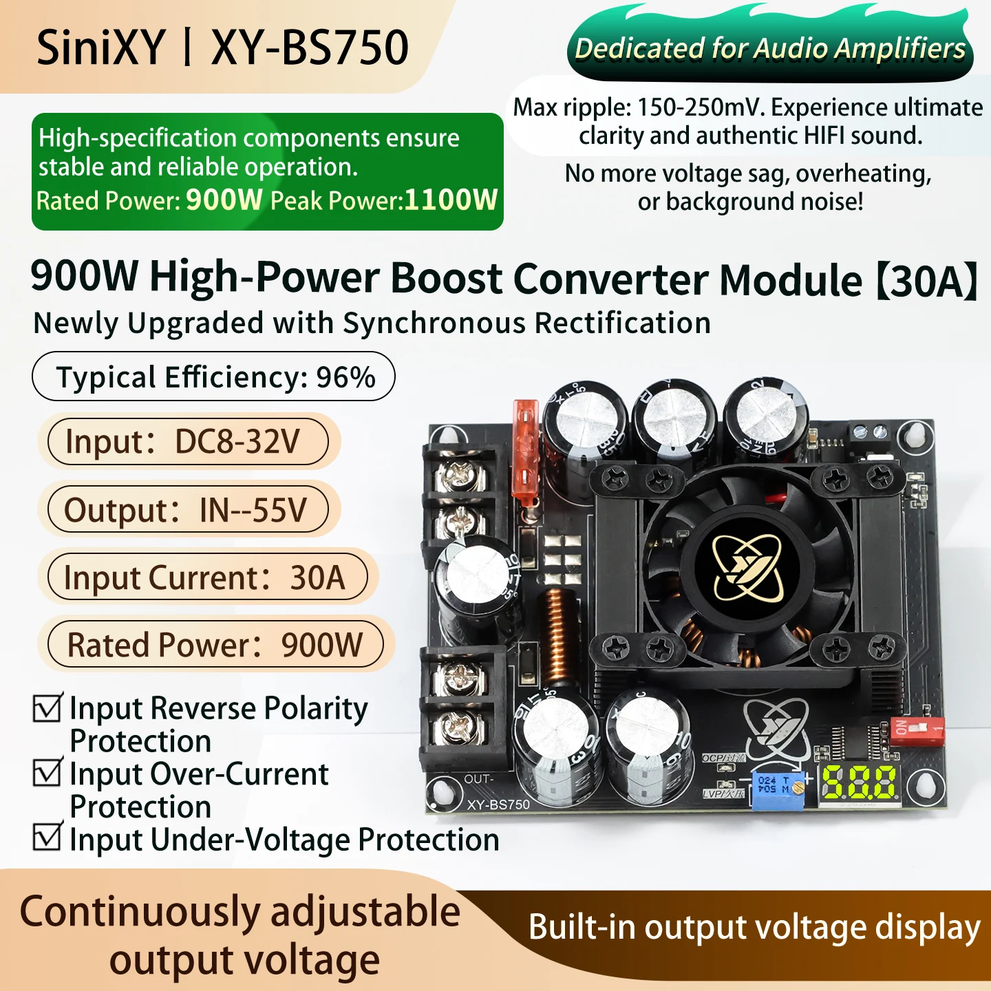 XY-BS750 Adjustable Boost Module 900W Boost Plate Low Ripple Audio Power Amplifier Special Power Supply with Display