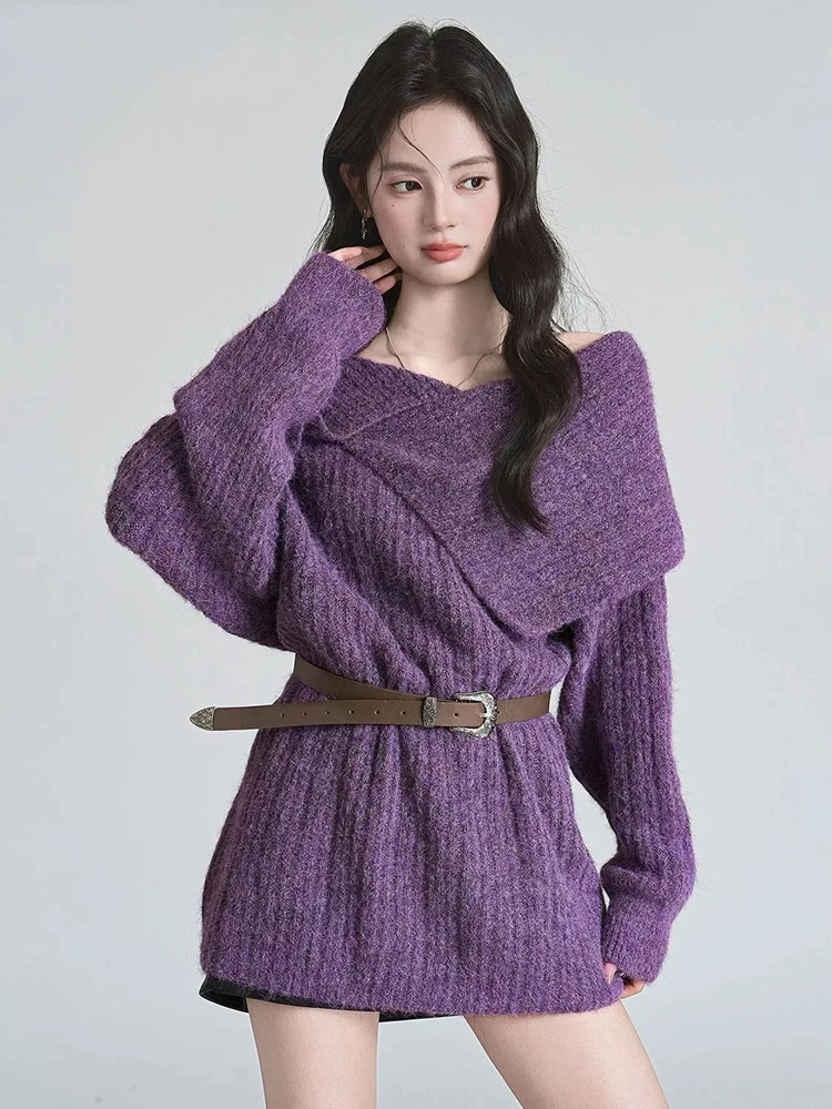 

Вязаный свитер с открытыми плечами, женский винтажный ремень с разрезом на шее, ленивый ветер, повседневные пуловеры, женские офисные женские джемперы в стиле Харадзюку в стиле ретро, новинка