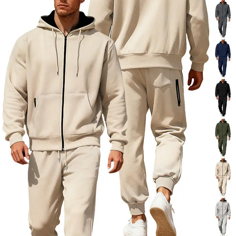 

Мужской осенне-зимний спортивный костюм с капюшоном на флисовой подкладке, теплый, повседневный, на молнии, однотонный, в различных цветах
