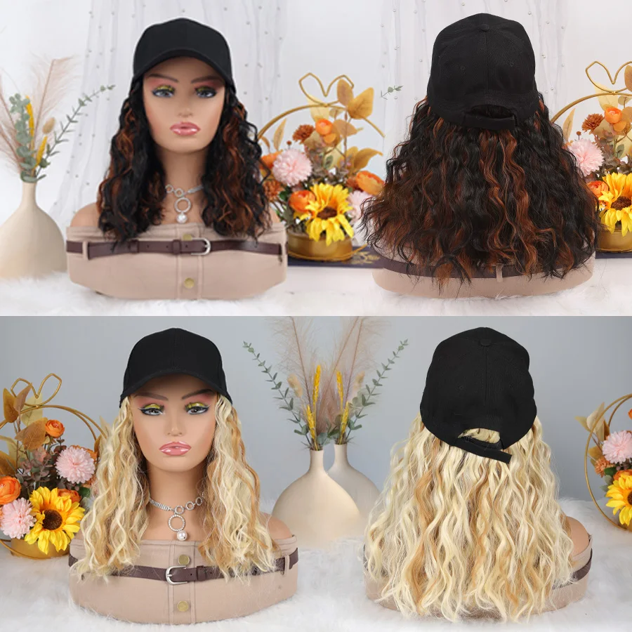 Long wave synthetic fiber cap wig Baseball cap band hair extension cap wig adjustable heat resistant women's wig