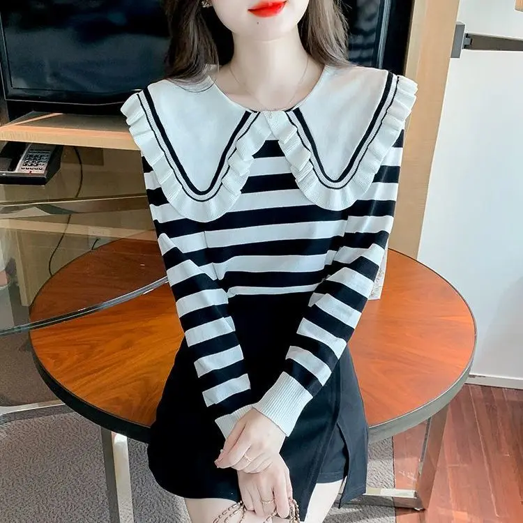 Doll Collar Striped Knitted Sweater Women's Long Sleeved New Style Versatile Fashionable Age Reducing Outerwear Color Blocked