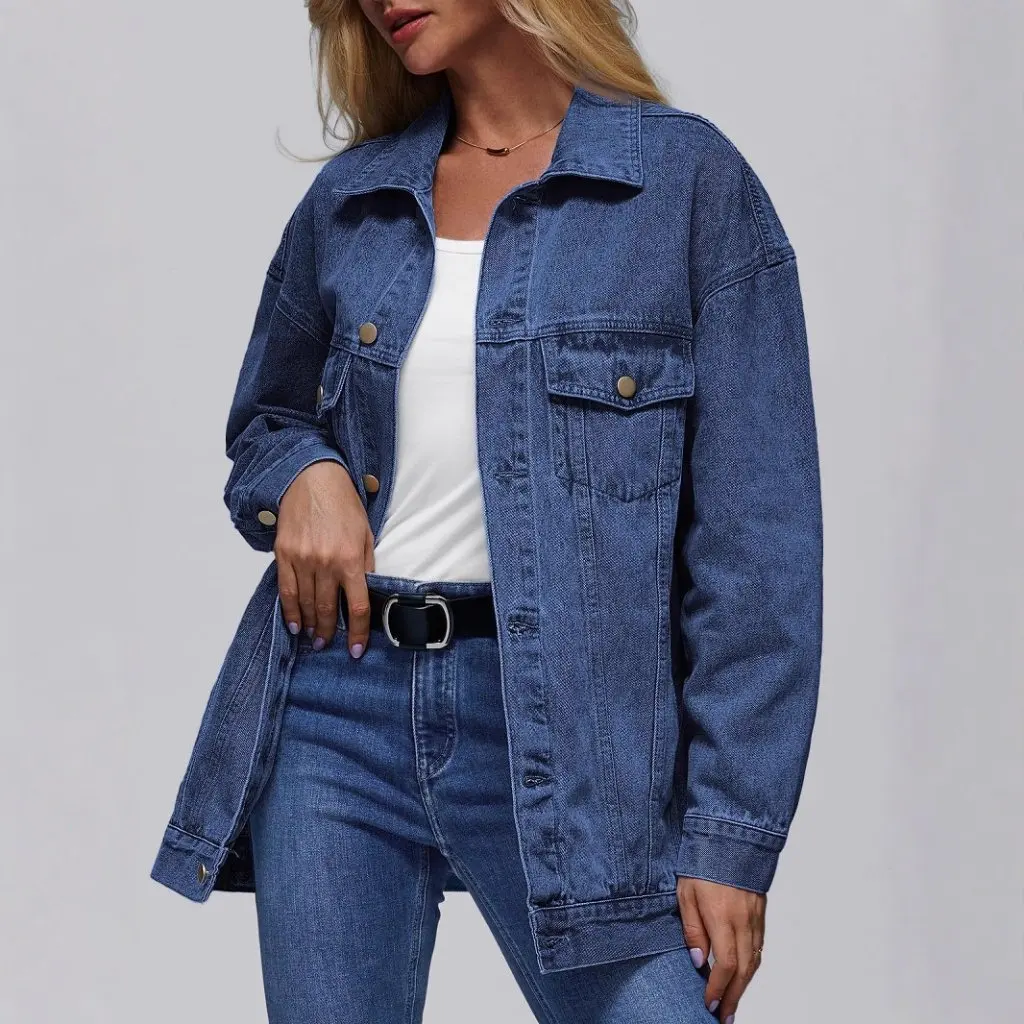 Jaket Denim Wanita Ukuran Besar Lengan Panjang Kancing Depan Model Mantel Fashion untuk Musim Gugur 25 Model Terbaru