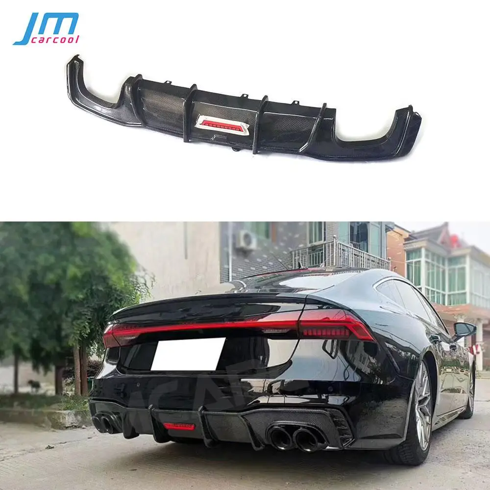 Carbon fiber / FRP Rear Lip Diffuser Spoiler With Lamp For Audi A7 S7 RS7 2019-2021 Car Fins Shark Style 4 Outlet Bumper Guard