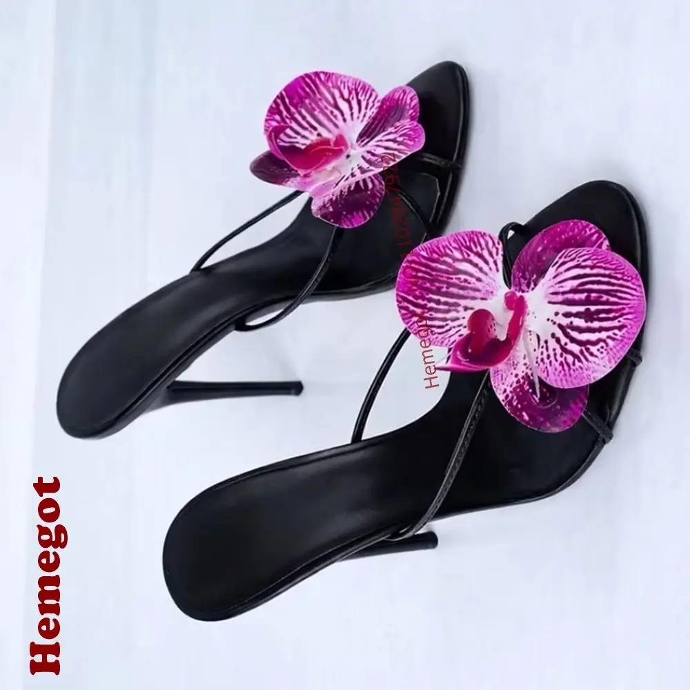 Black Thin Strap Orchid Flower Mule Slippers Open Toe Backless Slip On Thin Stiletto High Heels Summer Floral Slide Pumps Sexy