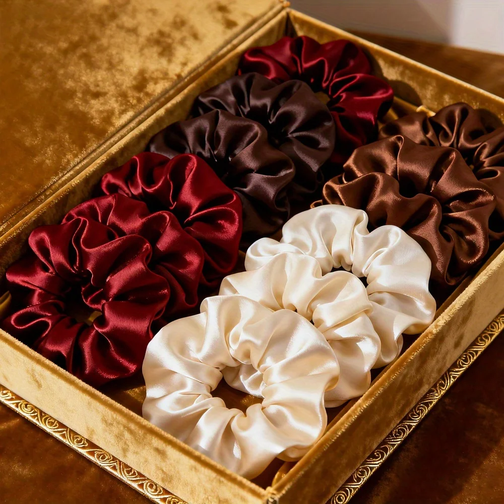 Chouchous en Satin pour femmes, 10 pièces, bandes élastiques douces, bordeaux/marron foncé/Beige, coffret cadeau de fête de mariage, sans plis