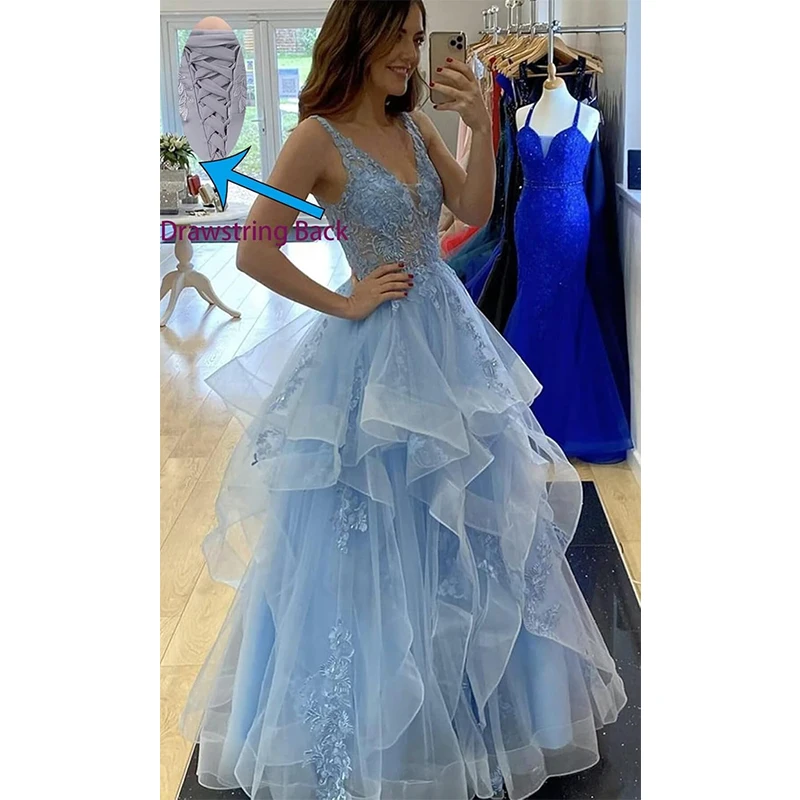 Abiti da ballo lunghi soffici in tulle Abiti da ballo principessa a strati con volant con applicazioni di pizzo Abito da sera formale Manmuxi