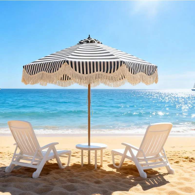 Tassel Edge Black And White Striped Parasol Outdoor Garden Cafe Sun Protection Umbrella Homestay Photo Props Umbrella Customizat