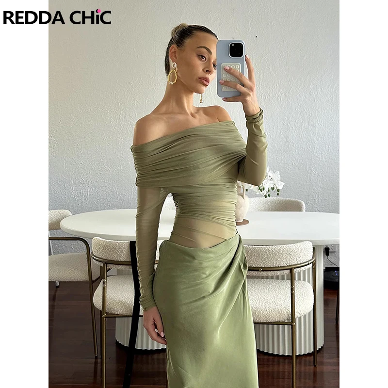 

ReddaChic Summer Hollow Waist Party Gown Sheer Mesh Patchwork Maxi Long Sleeve One Shoulder Ruched Bodycon Hot Women One-piece