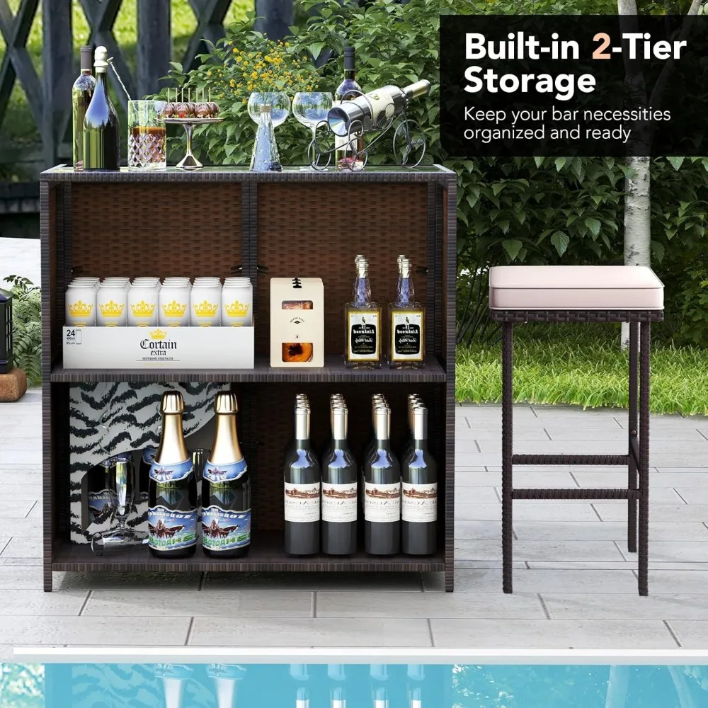 3 Piece Patio Bar Set, Outdoor Rattan Bar Table and 2 Stools with Tempered Glass Tabletop, 2-Tier Storage, Removable Cushions