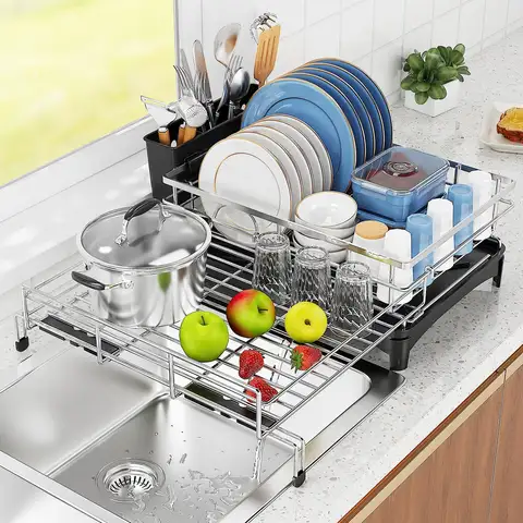 Extendable Dish Drying Rack with Cutlery Holder, Silver Stainless Steel Kitchen Counter Dish Drainer, Over the Sink Design
