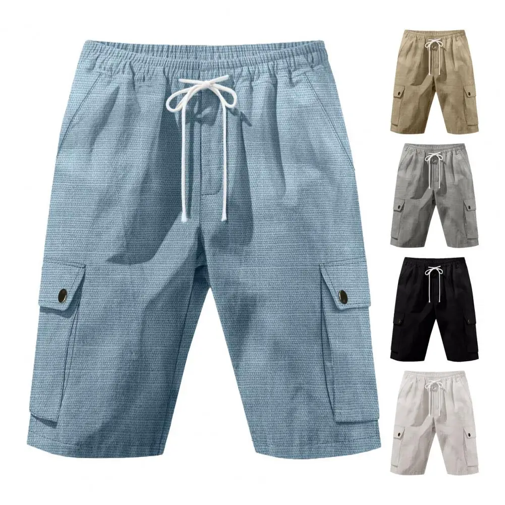 

For Travel Summer Shorts For Men Solid Color Wide Leg Cargo Shorts With Pockets Casual Elastic Waist Drawstring Beach Shorts