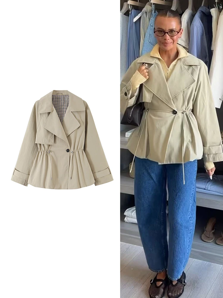 TFMLN Women Windbreaker Lapel Collar Drawstring Waist Loose Single Button Casual Trench Jacket Spring Autumn Lady Outfit New