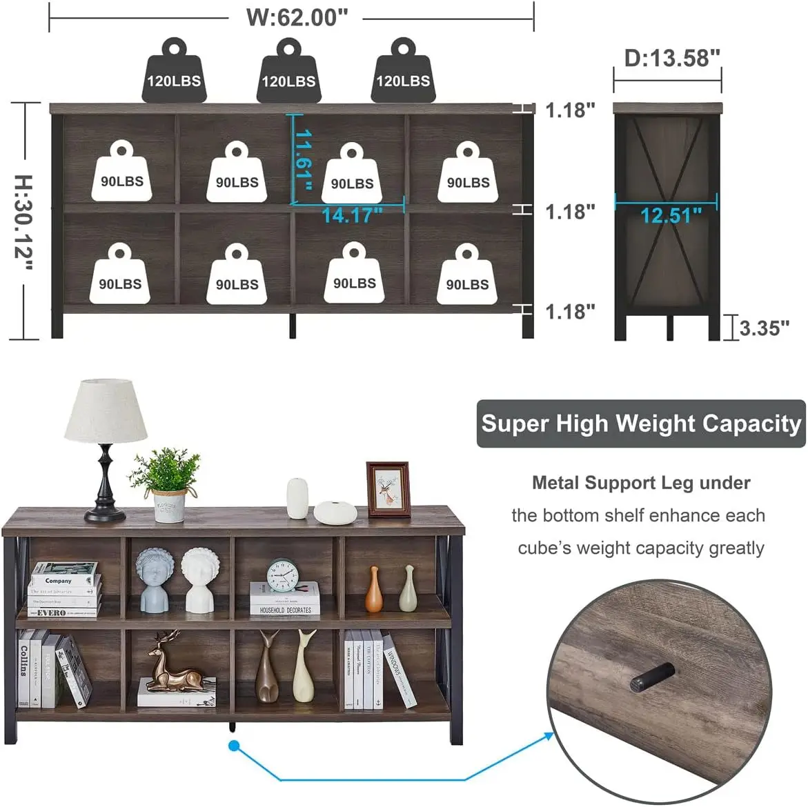 8 Cube Storage Organizer Bookshelf Rustic Wood Cubby Bookcase Industrial Horizontal Long Shelf Living Room(Walnut Brown 62 Inch)