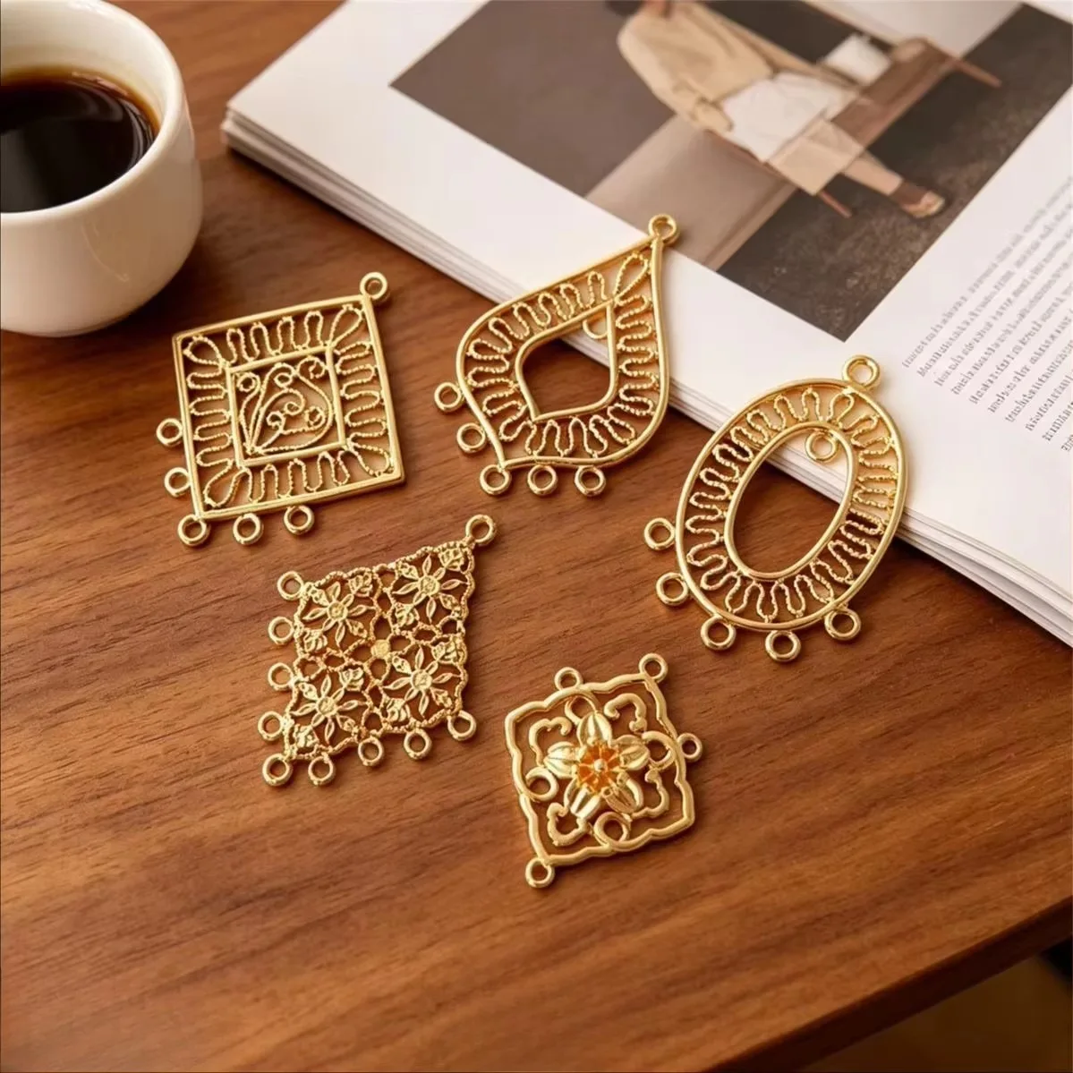 Brass 14K Gold Plated Anti-tarnish Hollow Lace Heart Rhombus Multi-loop Connectors DIY Tassel Earring Jewelry Findings