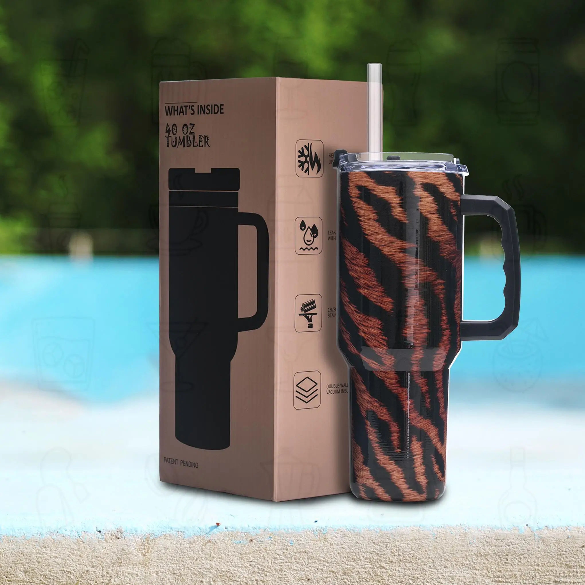 

40oz Stainless Steel Vacuum Insulated Tumbler with Handle, 3D Tiger Print, Wide Mouth, Gift for Women or Outdoor Lovers