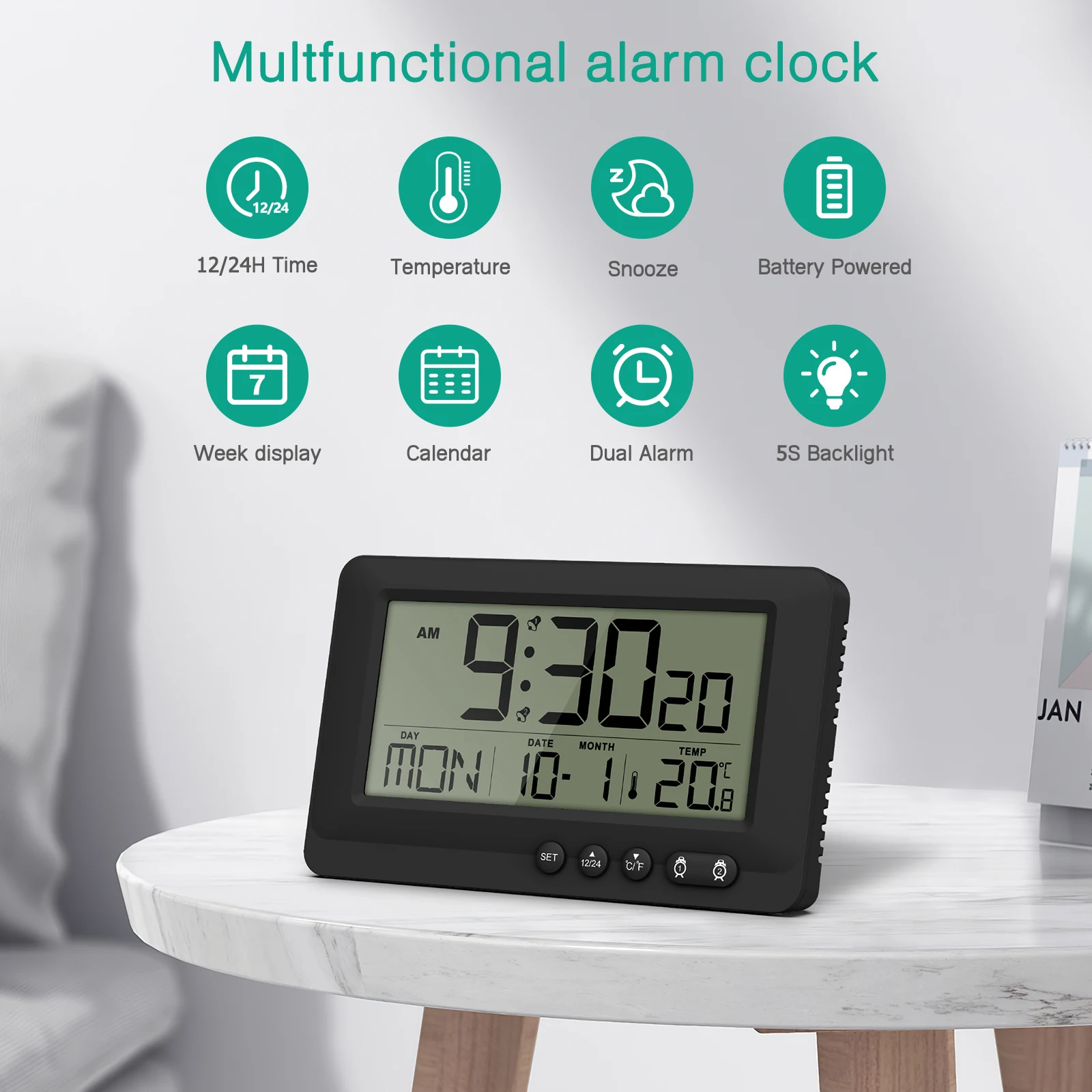 ORIA digitale wekker LCD-scherm Reiswekker Kleine digitale klok met kalendertemperatuur Klokken op batterijen