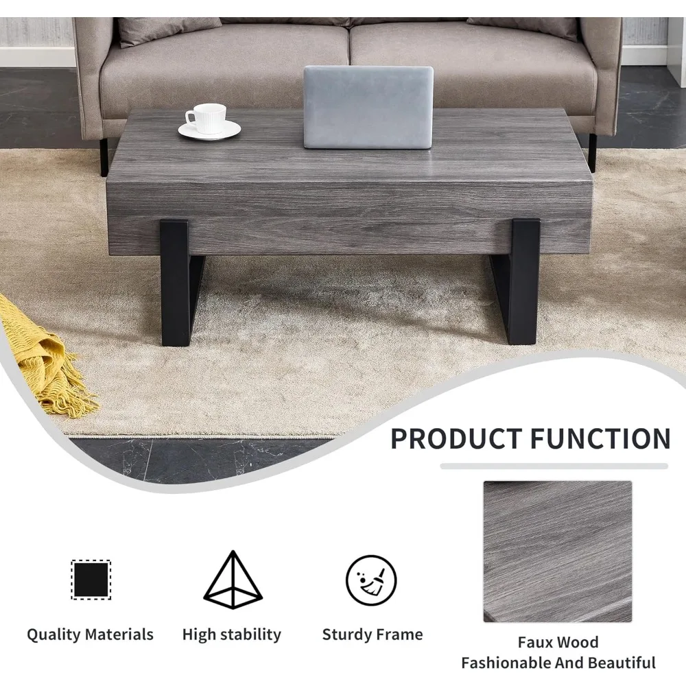 Modern Grey Rectangular Coffee Table with Black Legs for Living Room and Office Use