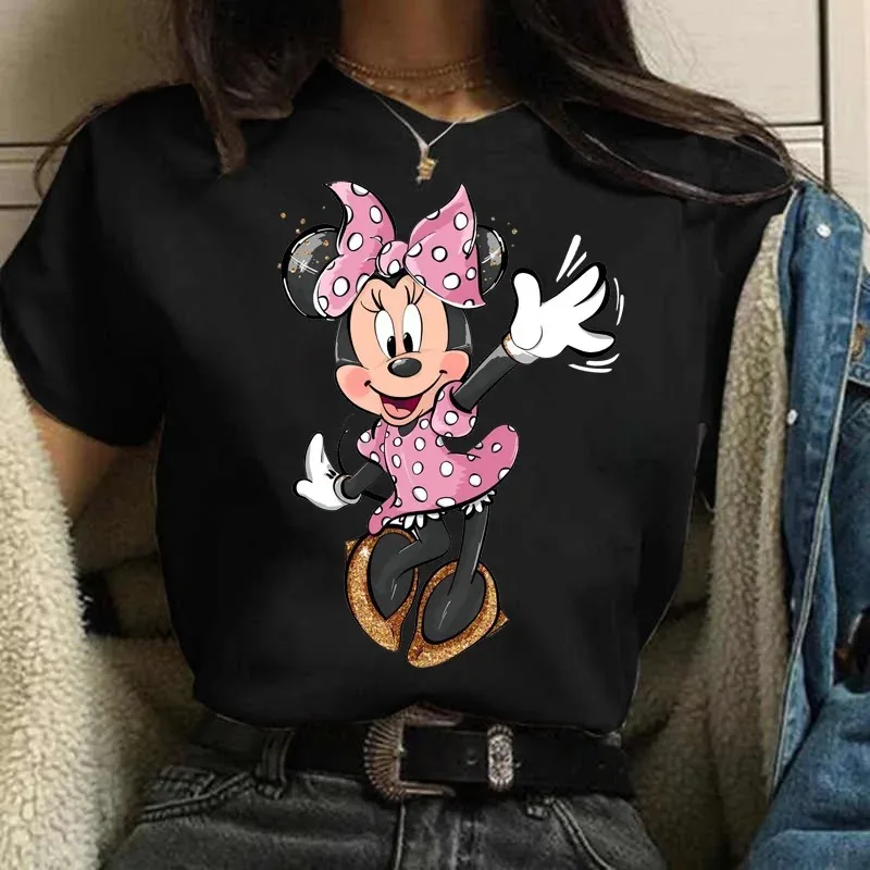 New Minnie Mouse T-shirt Kawaii Disney Parent Child T-shirt Fun Top Fashion Women\'s Black Street Clothing Short Sleeved Clothes