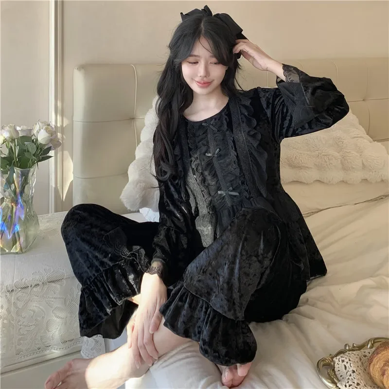 Women Autumn Winter Sleepwear Velvet Pajamas Long Sleeve Casual Nightwear Pyjama Set Sweet Princess Sleepwear Loose Home Clothes