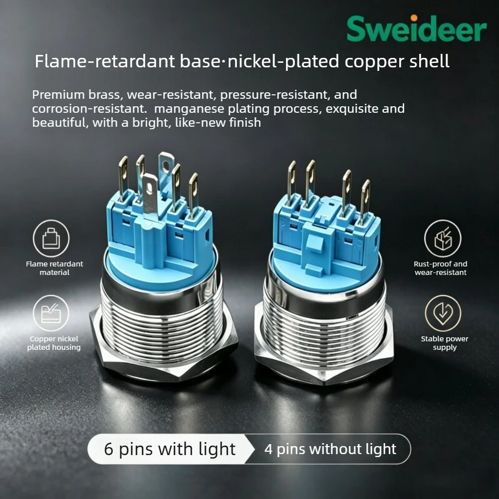 22mm Waterproof Metal Flat Head Button with Light 4-pin and 6-pin Self-locking and Self Resetting Two Pressing Methods 6v24v220V
