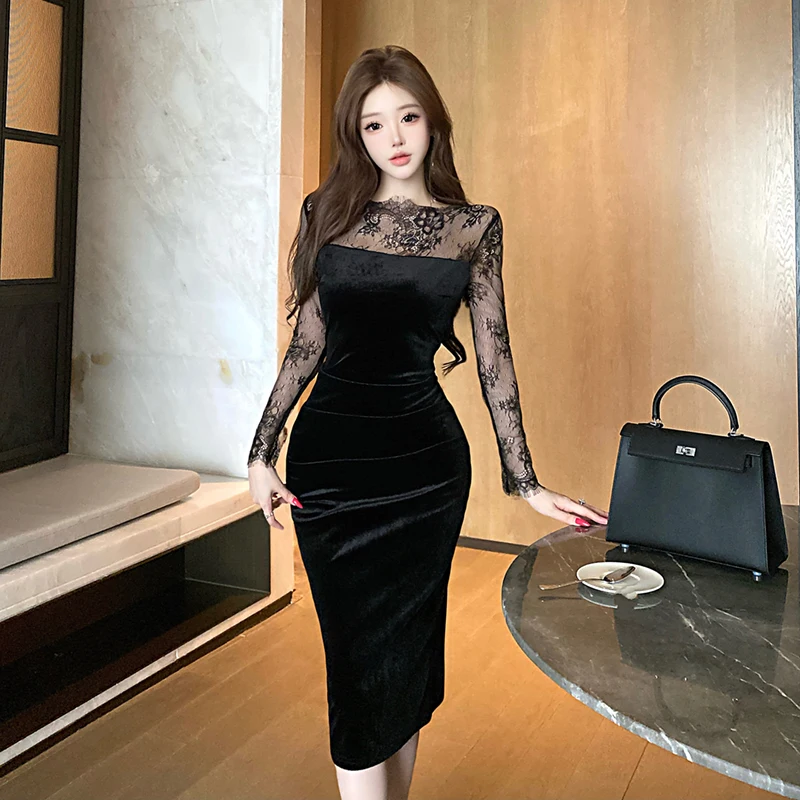 Ele Sexy un solo hombro encaje empalme adelgazante ceñido al cuerpo Dr Otoño Invierno nuevo Sle largo Sve cintura alta vestido de noche de terciopelo