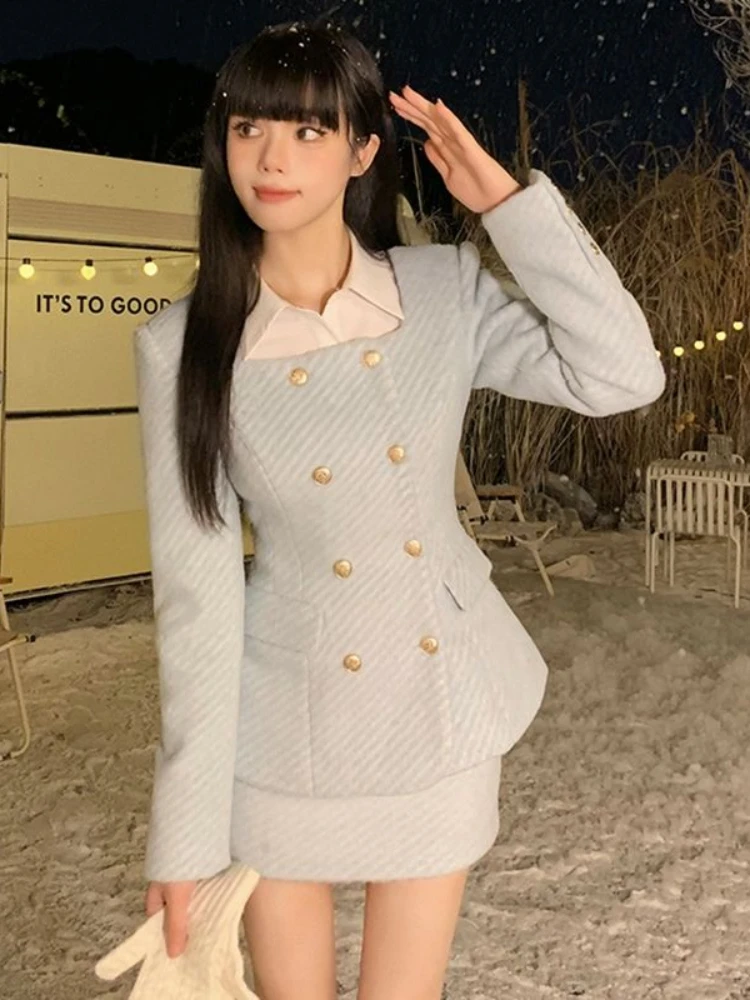 Autumn and Winter Wear Blue Fashion Suit Woolen Coat Half Skirt Short Slimming Slim Two-piece Set Conjuntos De Mujer