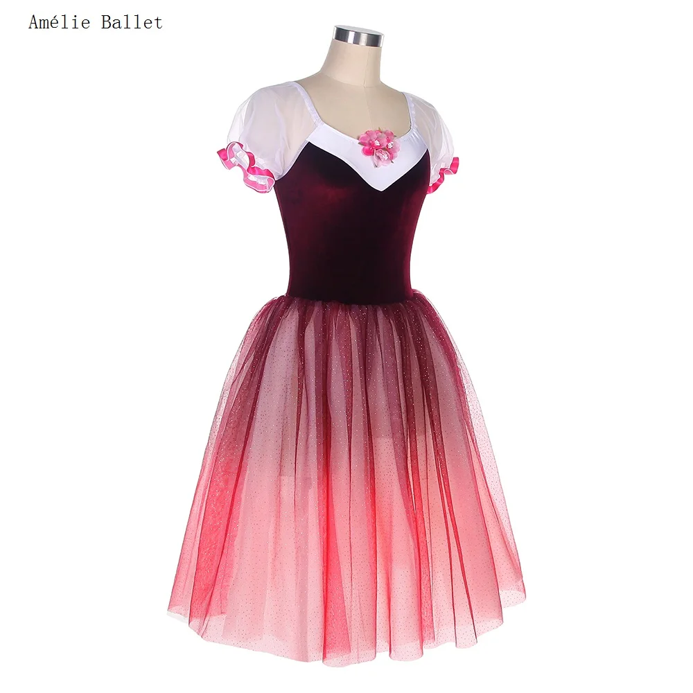 22066 قصيرة الأكمام بورجوندي المخملية صد فستان الباليه رومانسية طويلة الباليه توتو ازياء الفتيات والنساء أداء ملابس الرقص